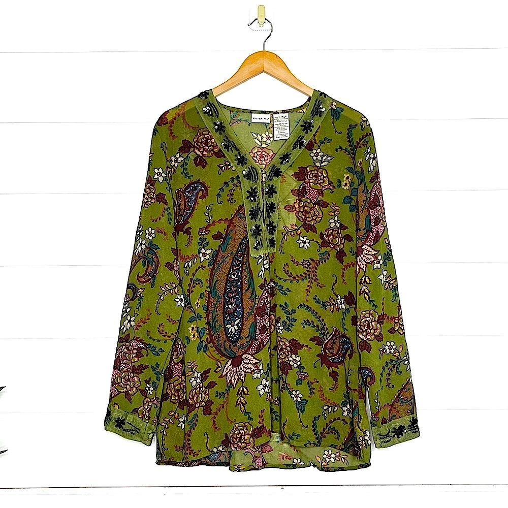 Deadstock Vintage Sheer Green Paisley Print Beaded Boho Blouse XL